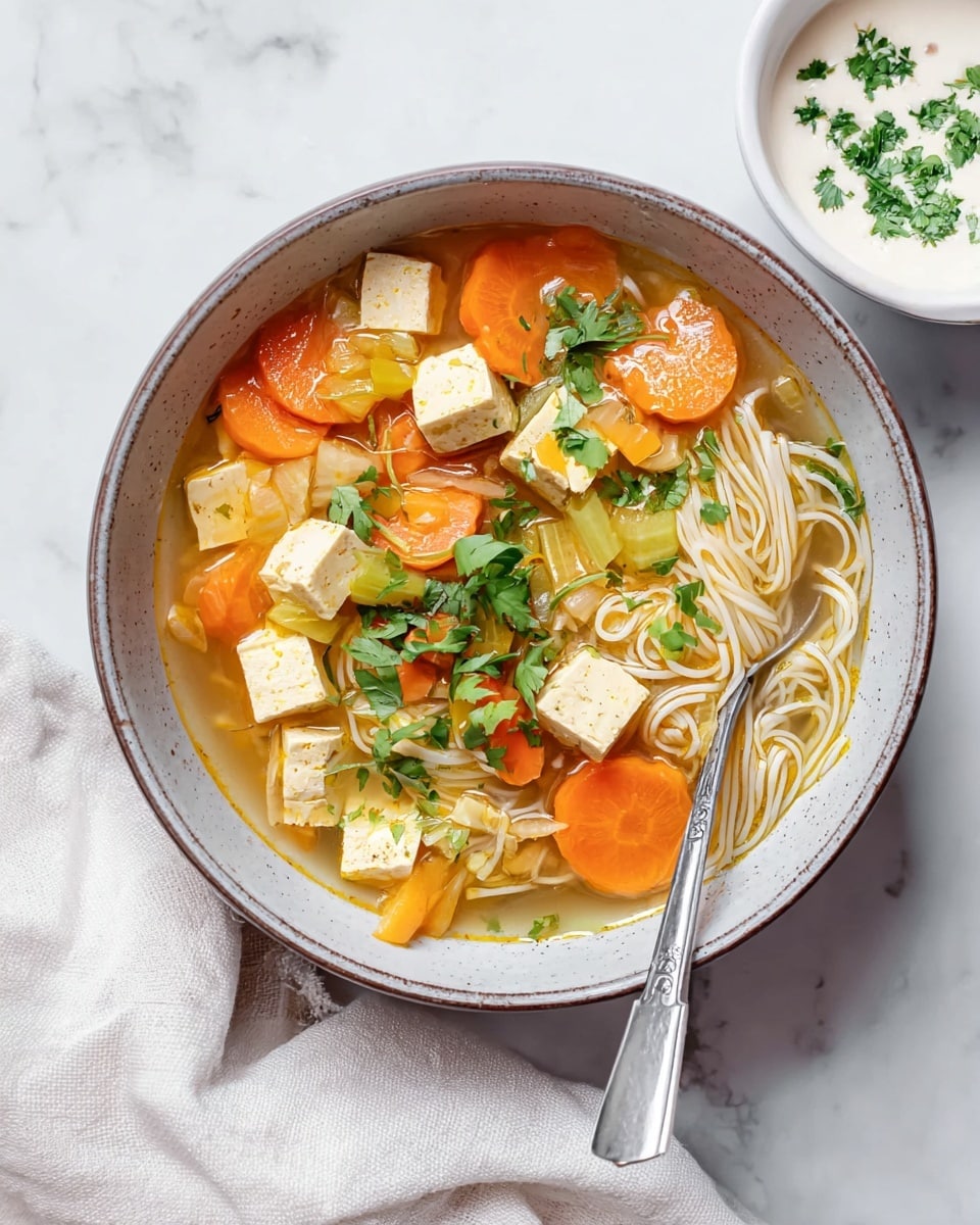 A black pot with a beige inside filled with clear broth soup that has thin yellow noodles as the main base layer, topped with orange carrot slices, pale green celery pieces, and white tofu cubes all mixed in. The soup is garnished with fresh green chopped herbs scattered over the top. The pot sits on a white marbled surface with a white cloth nearby, and a wooden board with chopped ingredients is partly visible to the side. Photo taken with an iphone --ar 4:5 --v 7