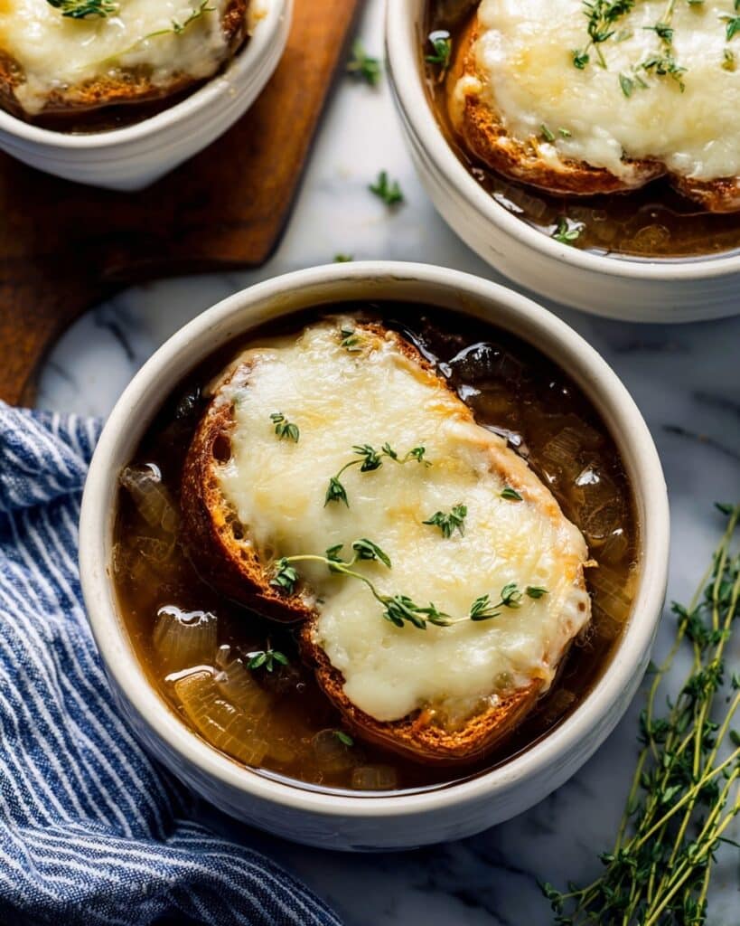 Vegan French Onion Soup with Crispy Cheesy Baguette Toppers Recipe