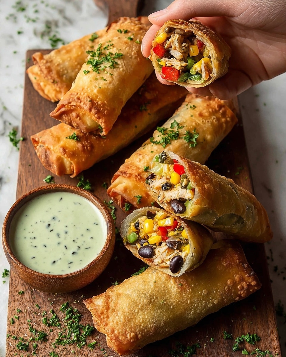 The image shows five golden-brown, crispy egg rolls arranged on a wooden board sprinkled with green herbs. One egg roll is held by a woman's hand at the top right, with its open end facing the camera, revealing the layers inside: yellow corn, black beans, shredded chicken, red bell peppers, and green leafy vegetables. Two more egg rolls, cut in half to show the same colorful filling, lie at the bottom right, while two whole rolls sit at the back. A small wooden bowl filled with a creamy, pale green dipping sauce speckled with black dots sits in front of the egg rolls. The setup is on a white marbled textured surface. photo taken with an iphone --ar 4:5 --v 7