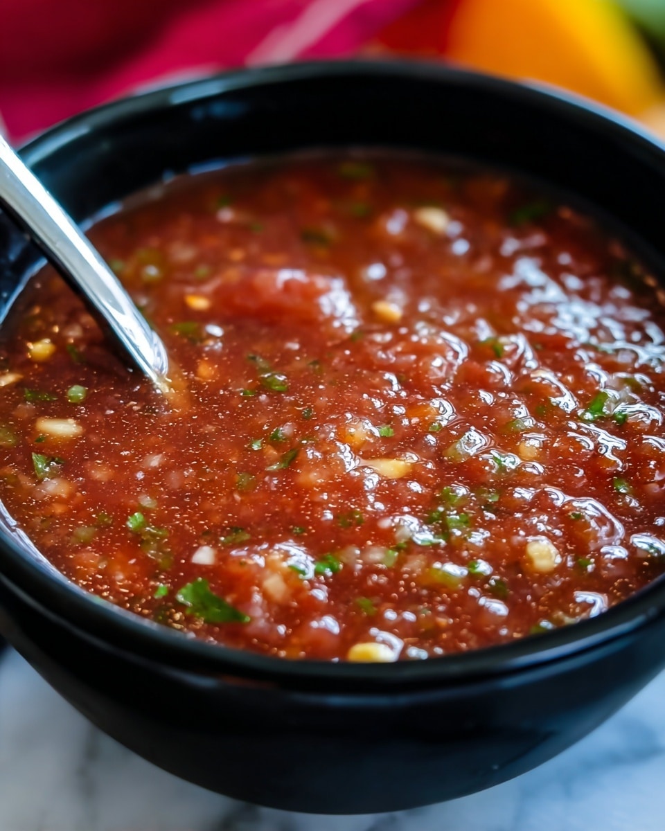 A close-up view of a black bowl filled with a chunky salsa that has a mix of red, green, and light-colored bits, indicating chopped tomatoes, herbs, and seeds floating in a slightly oily, textured liquid. The salsa's surface shows small bubbles and uneven patches of ingredients, suggesting a fresh, homemade style. The bowl sits on a white marbled texture, and a blurred pink container and other kitchen items are faintly visible in the background. photo taken with an iphone --ar 4:5 --v 7