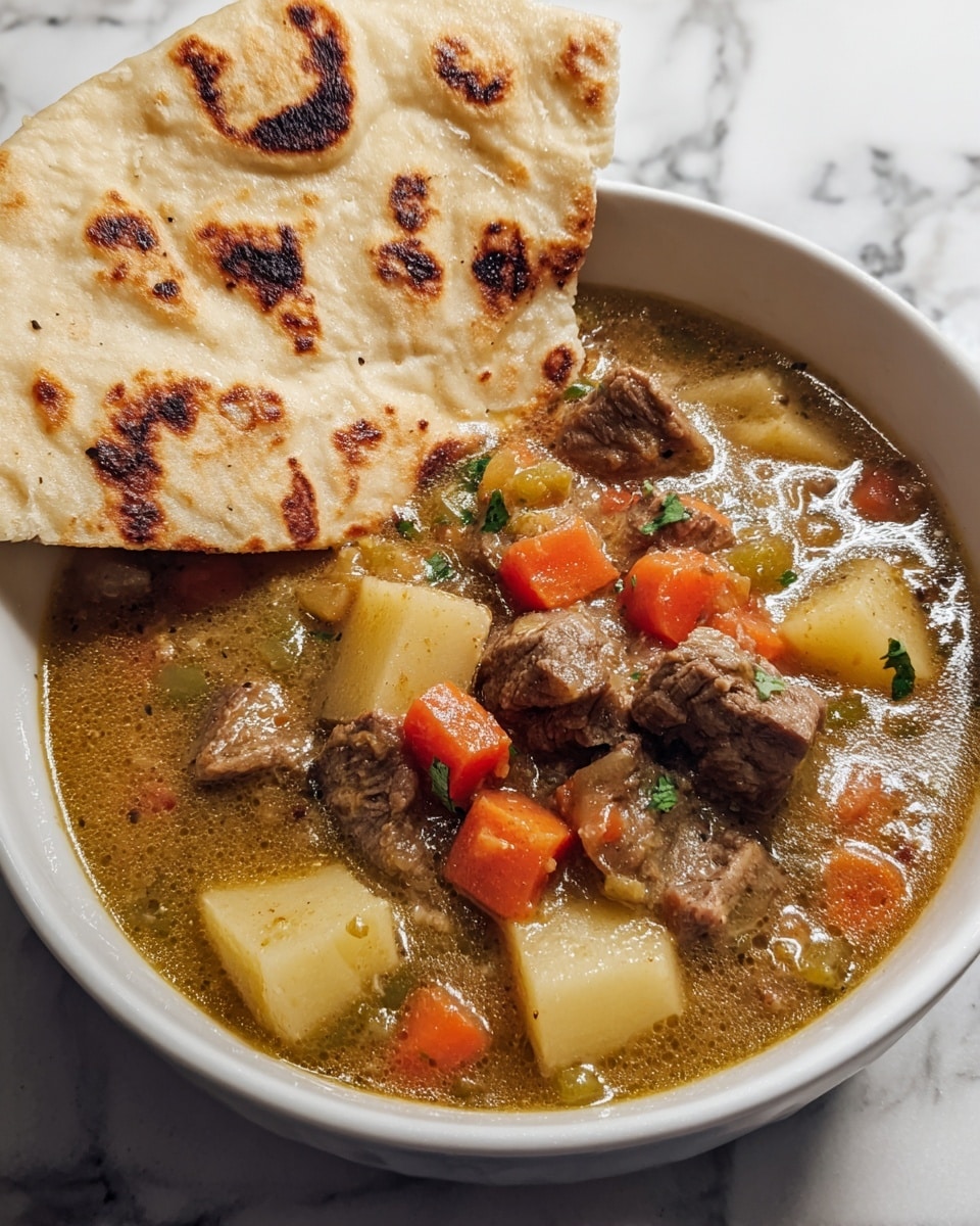 A white bowl filled with chunky beef stew, with visible pieces of brown beef, orange carrot chunks, and pale green vegetables in a thick, glossy, olive-green broth. Resting inside the bowl is a light beige, grilled flatbread with slightly charred brown spots, folded and placed upright. The bowl is set on a white marbled surface with a blurred dark plate in the background, and a metal spoon peeks from the stew's right side. photo taken with an iphone --ar 4:5 --v 7