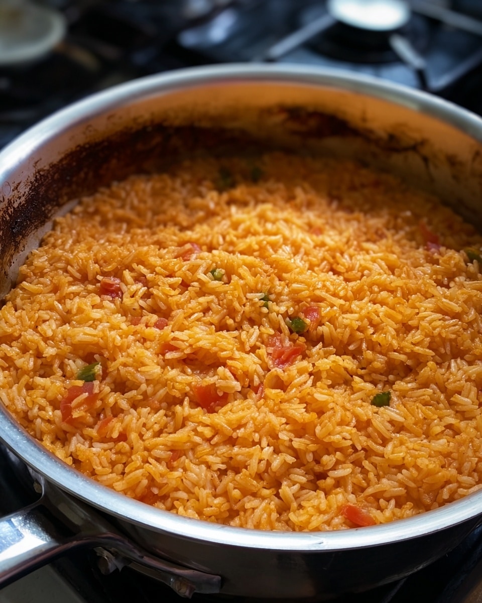 This image shows a close-up of a cooking pot filled with cooked orange-colored rice. The rice has a soft, moist texture with small pieces of red tomato and green pepper mixed in evenly throughout. The cooked rice layer covers the whole pot surface, and the sides of the pot show some dark browned marks. The pot has a shiny silver rim and handle, sitting on a stove top with parts of the stove visible. The background is blurred out. photo taken with an iphone --ar 4:5 --v 7