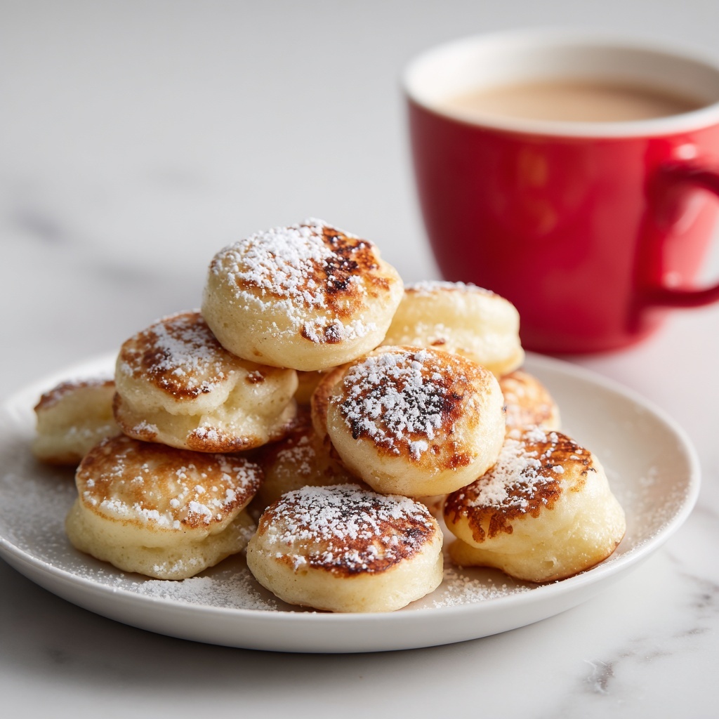 A stack of about fifteen small, round golden-brown puffed pancakes with slightly uneven, textured tops sit on a white plate. Each pancake is lightly dusted with white powdered sugar that gently covers the tops and the plate's surface. The pancakes are arranged in a pyramid shape with some stacked on top of others, showing a fluffy and soft interior in between the browned crust. In the blurry background, there are two red cups, one taller than the other, providing a warm contrast to the food. The scene rests on a clean white marbled surface. photo taken with an iphone --ar 4:5 --v 7