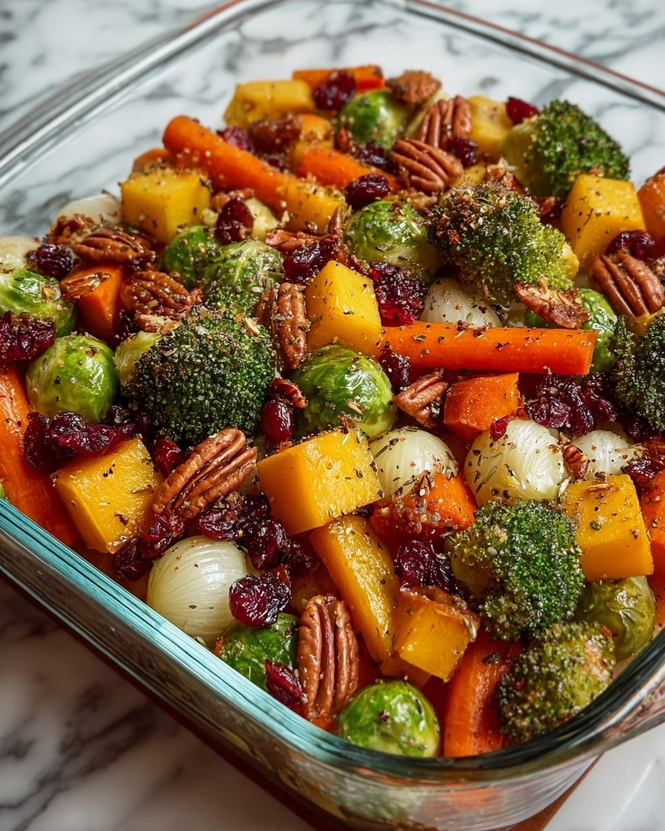 The dish is a colorful mix of roasted vegetables and nuts served in a clear glass baking dish. It has three main layers: the bottom layer shows bright orange carrot pieces cut into large sticks, orange-yellow chunks of squash, and tender broccoli florets with a rich green color and slightly crisp texture. The middle layer contains small round white onions and halved Brussels sprouts with a light green hue and browned edges from roasting. The top layer is sprinkled with whole pecans, deep red dried cranberries, and a light dusting of ground pepper and herbs, giving a textured and flavorful look. The dish sits on a white marbled surface. photo taken with an iphone --ar 4:5 --v 7