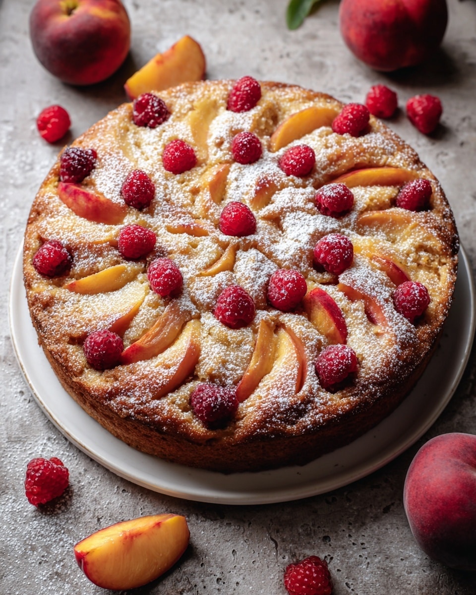 A round, golden-brown cake sits on a black plate, with a single thick layer topped by fresh raspberry and peach slices arranged in a spiral pattern. The peach slices are light orange with reddish edges and are placed slanted, while the raspberries are bright red, plump, and nestled between the peach slices. The cake's surface is dusted lightly with white powdered sugar, adding a soft contrast to the warm tones of the fruit and cake. The scene includes loose raspberries and peach halves scattered around, all set on a rustic wooden table with a blurred background. photo taken with an iphone --ar 4:5 --v 7
