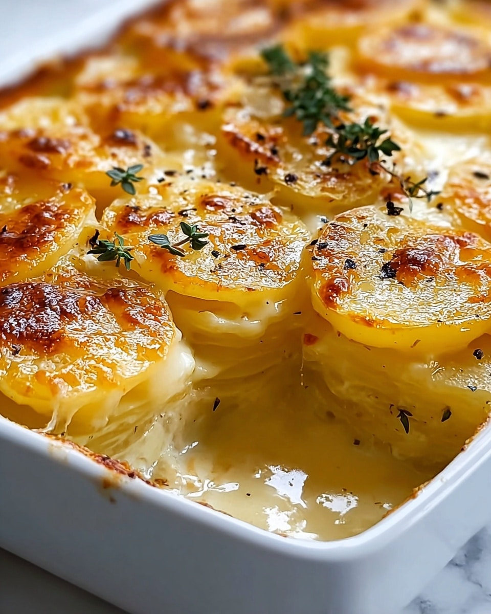 The dish is a baked potato gratin in a white rectangular dish, showing multiple layers. The top layer has thin, round slices of golden-brown potatoes with melted cheese that is bubbly and slightly browned in spots. There is a glossy, creamy cheese sauce between the layers beneath, visible through a cut section revealing soft, tender potato slices stacked neatly. Small black pepper specks and a sprig of green thyme garnish the top, adding a fresh touch. The dish is placed on a white marbled surface. photo taken with an iphone --ar 4:5 --v 7