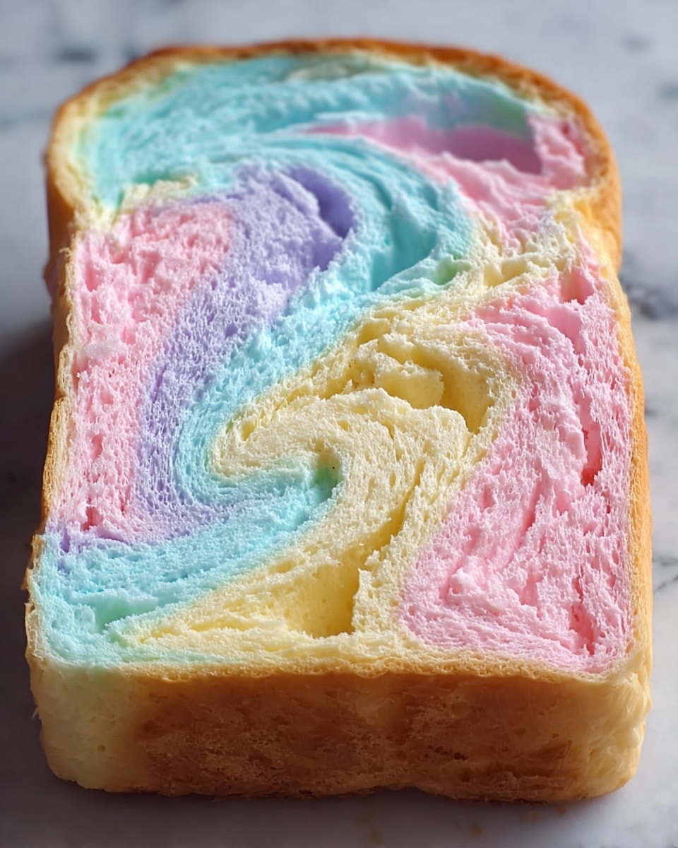 A loaf of soft bread with a smooth, slightly browned crust on the sides, displaying a vibrant swirl pattern inside made up of four layers: pastel pink, light blue, pale yellow, and soft white. The colorful layers twist in a wave-like formation from the top to the base of the bread, blending gently but clearly separated in some areas. The texture looks fluffy and airy with a light, spongy appearance. The bread sits directly on a surface with a white marbled texture, with natural light highlighting the pastel colors, giving it a fresh and inviting look. photo taken with an iphone --ar 4:5 --v 7