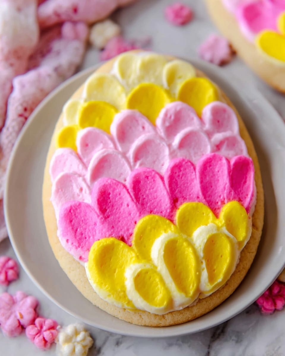 The image shows an oval cookie with five visible layers of frosting shaped like scalloped petals. The frosting colors alternate between bright pink and yellow, starting with a pink layer at the bottom, followed by yellow, then pink, yellow, and pink at the top. The cookie base is a light beige color, smooth and slightly visible around the edges. The cookie rests on a white plate set on a white marbled surface with some pink and white flower-shaped decorations scattered nearby. Photo taken with an iphone --ar 4:5 --v 7
