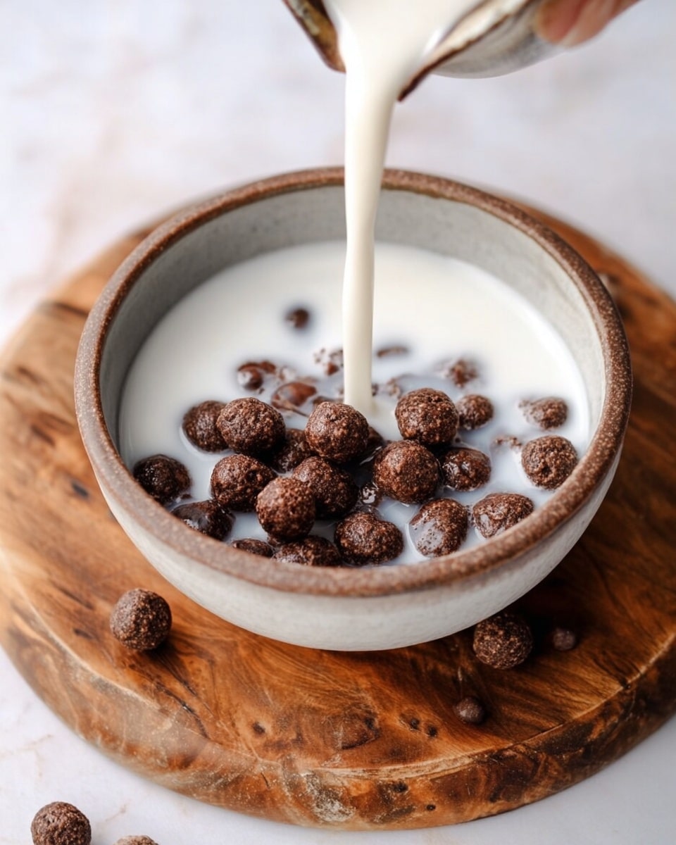 A bowl with a thick grey and brown rim holds a layer of round, dark brown chocolate cereal balls resting in white milk that is being poured from above. The milk is fresh and slightly frothy, flowing over the cereal and filling the bowl. The bowl sits on a round wooden board with natural wood grain, placed on a white marbled texture surface. A few scattered cereal balls are visible on the surface nearby, and a woman's hand is partly visible holding the pouring container. Photo taken with an iphone --ar 4:5 --v 7