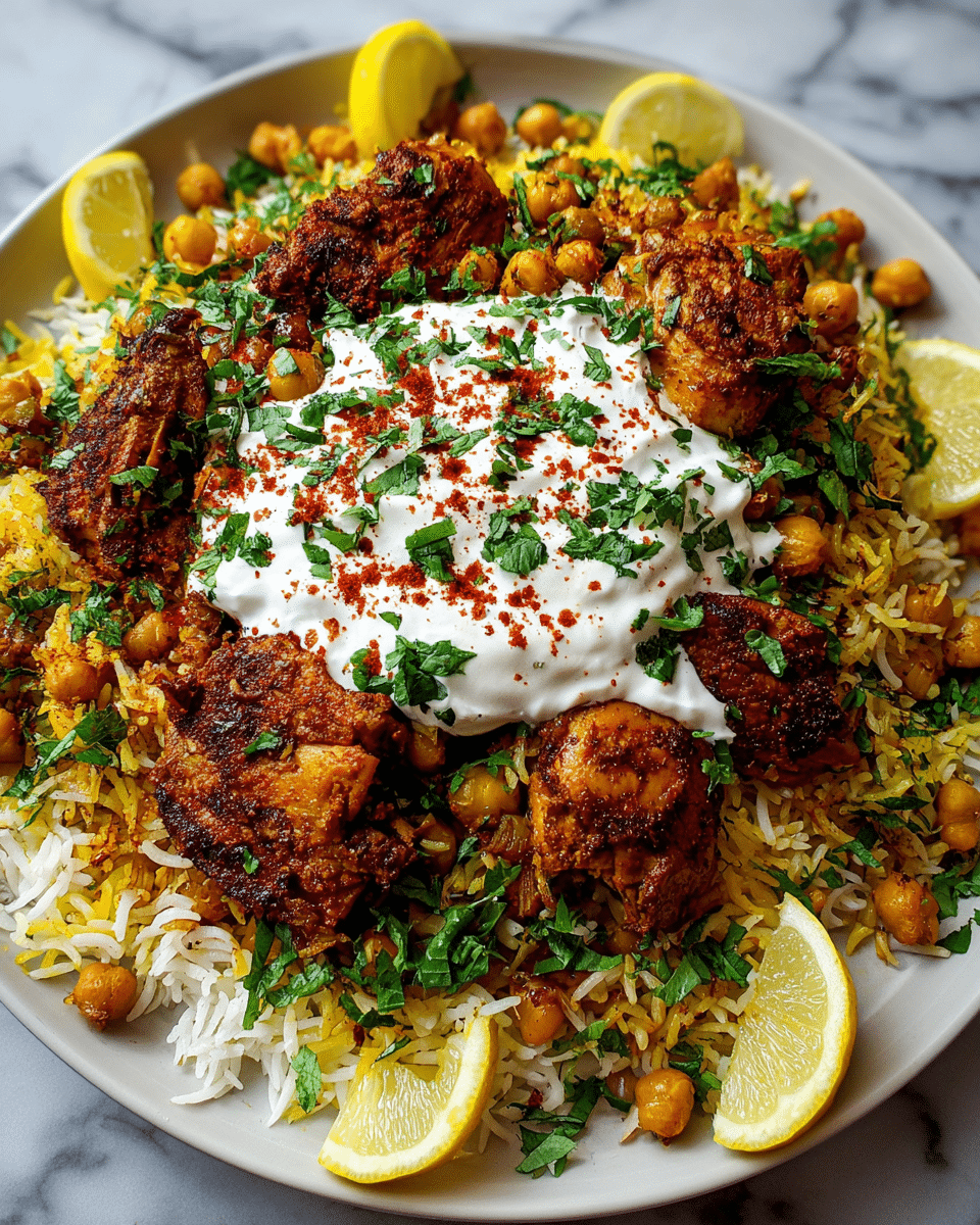 A white plate filled with a bed of mixed white and yellow rice as the bottom layer, topped with a layer of golden-brown cooked chickpeas scattered across and around the plate. On top of the rice and chickpeas, there are several pieces of dark brown, crispy, spiced chicken arranged in a circle around the center. In the center, a thick dollop of white yogurt sauce is placed, sprinkled with green chopped herbs and a light dusting of red spices, with a small pile of chickpeas sitting on the yogurt. Three lemon wedges with a bright yellow color are placed near the edge of the plate. Fresh green chopped herbs are sprinkled over the whole dish for garnish. The plate rests on a white marbled surface. Photo taken with an iphone --ar 4:5 --v 7