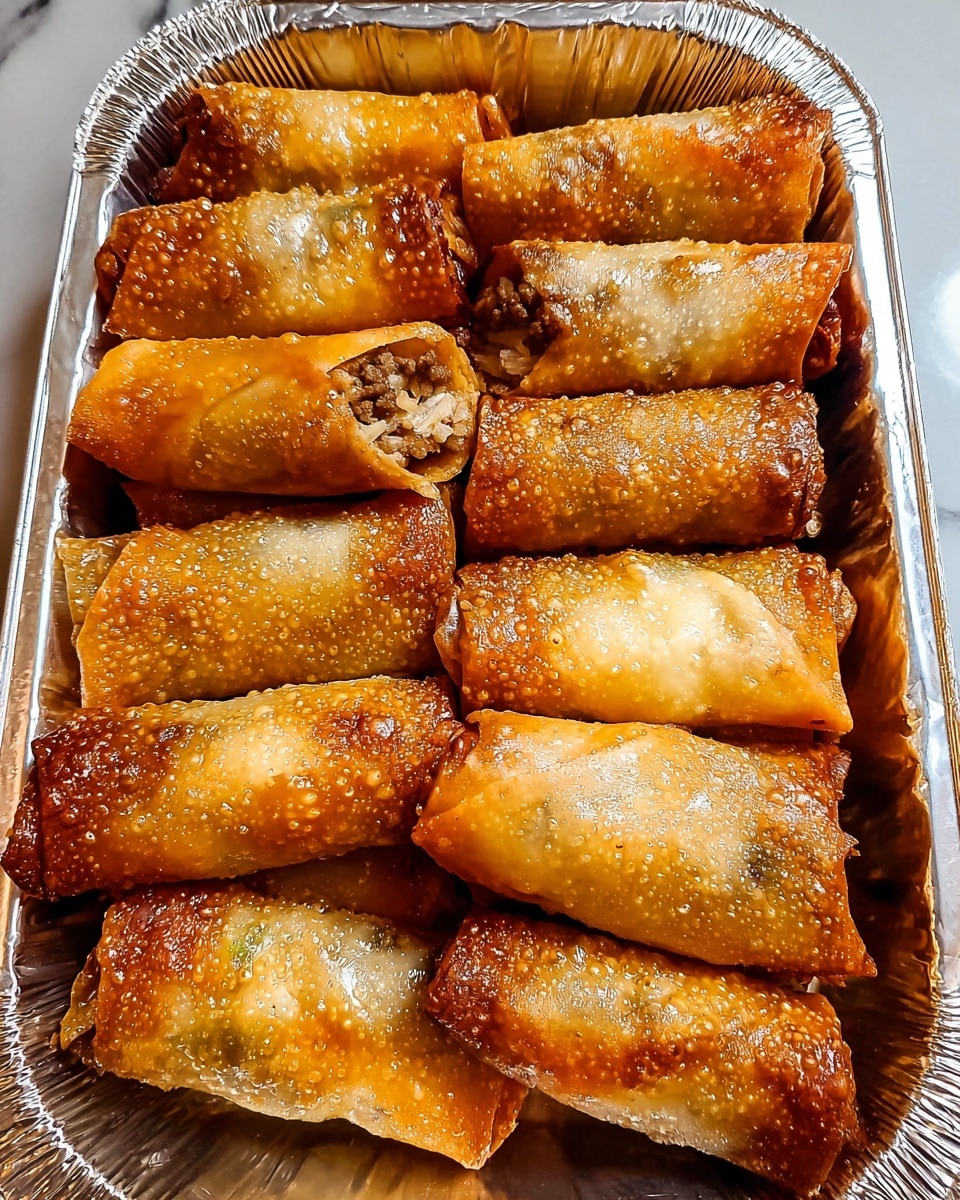 The image shows a silver aluminum foil container filled with fifteen golden-brown crispy egg rolls arranged tightly in three rows of five. The egg rolls have a bubbly, fried texture on the outside, with some areas lighter and others darker from frying. A few egg rolls are slightly cracked, revealing a filling of cooked ground meat mixed with small bits of vegetables inside. The container sits on a white marbled surface. photo taken with an iphone --ar 4:5 --v 7