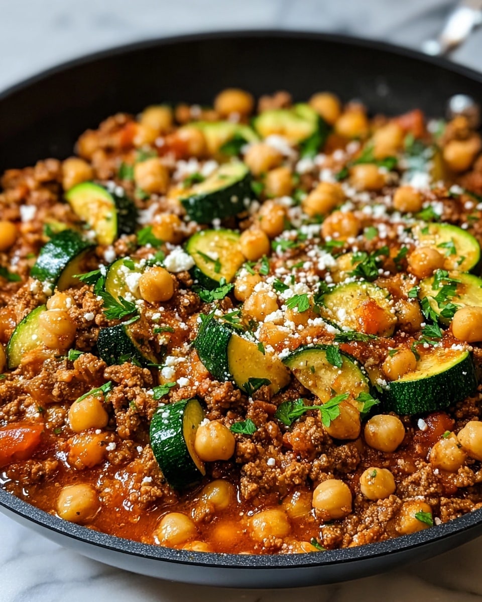 A close-up view of a skillet filled with a mixed dish showing three main layers: the bottom layer is a cooked tomato sauce with small bits of translucent, soft onion; the middle layer consists of browned ground meat that looks crumbly and moist; the top layer includes whole chickpeas that are light beige and round, along with bright green zucchini cut into thick slices, sprinkled evenly over the mixture. Bits of fresh chopped green parsley are scattered on top, adding a fresh contrast to the warm colors. The skillet is black with a thin silver rim, sitting on a white marbled surface. photo taken with an iphone --ar 4:5 --v 7