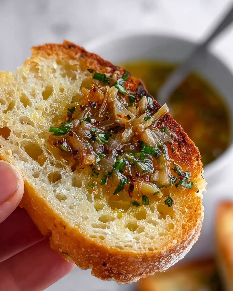 A close-up view of a toasted slice of bread held by a woman's hand showing a crisp, golden-brown crust with a porous, light beige inside. The top part of the bread is covered with a layer of thinly sliced, sautéed translucent onions mixed with finely chopped green herbs and small bits of garlic, all glistening with a shiny, oily dressing that adds a rich amber hue. The background has a blurry white marbled texture with a hint of a white bowl and a silver spoon inside it. Photo taken with an iphone --ar 4:5 --v 7