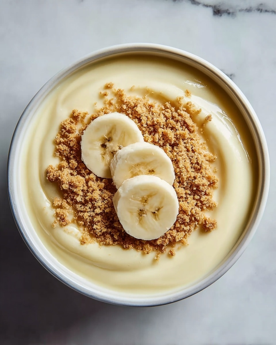 A white speckled bowl filled with three smooth, thick swirls of creamy pale yellow pudding, topped in the center with a small layer of crumbly light brown crushed biscuits, and three round, fresh pale yellow banana slices placed on top in a slight overlapping pattern. The bowl is set on a white marbled surface with blurred yellow banana shapes in the background. Photo taken with an iphone --ar 4:5 --v 7