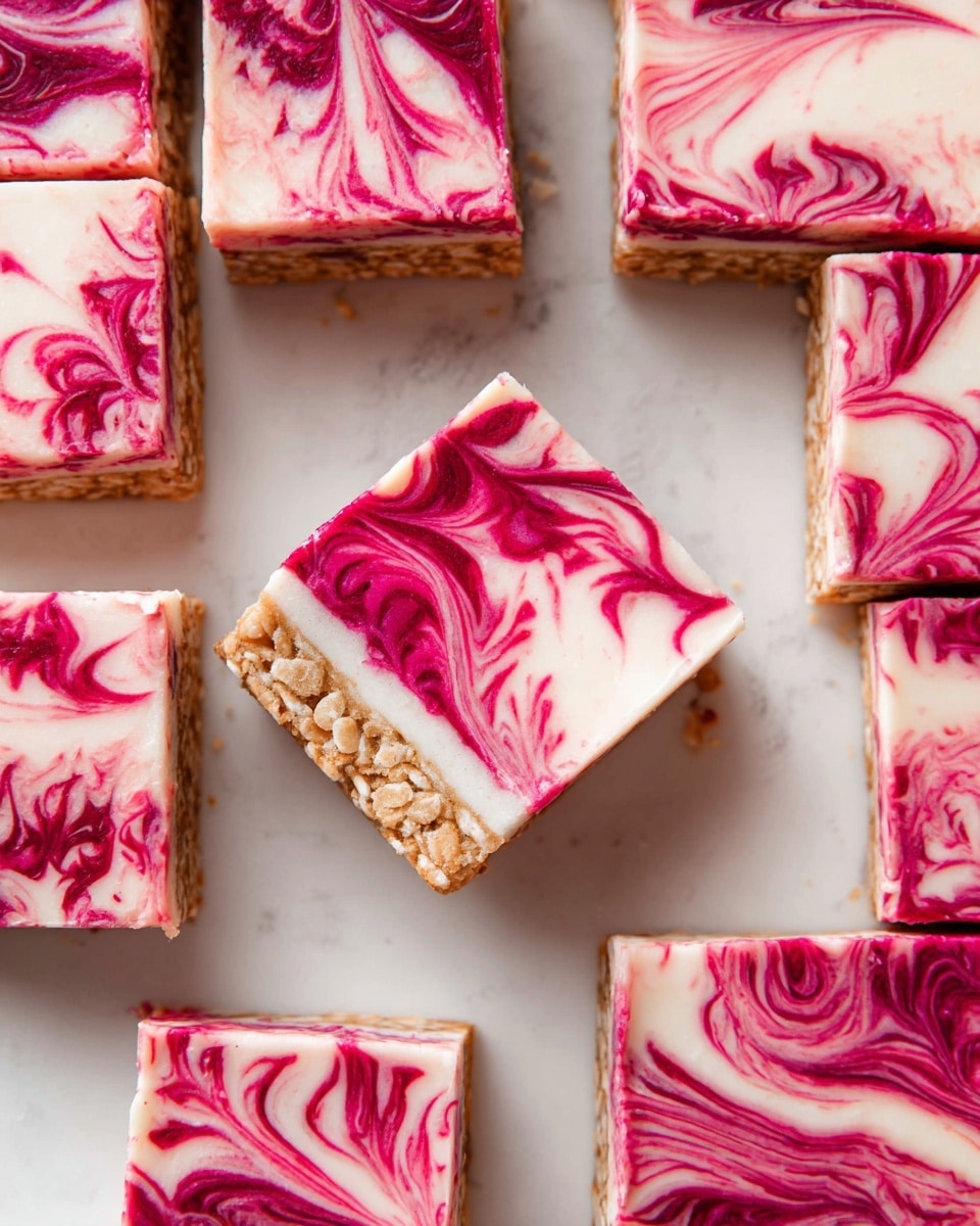 This image shows several square dessert bars arranged on a white marbled surface, each with two layers: the bottom layer is light brown and textured with small puffed grains or cereal, while the top layer displays a smooth, creamy white base with vibrant pink and deep red swirls in a marbled pattern. The bars are evenly cut, with clean edges, and one piece is slightly lifted above the others. The contrast between the crunchy bottom and the colorful, smooth top layer creates a visually appealing look. photo taken with an iphone --ar 4:5 --v 7