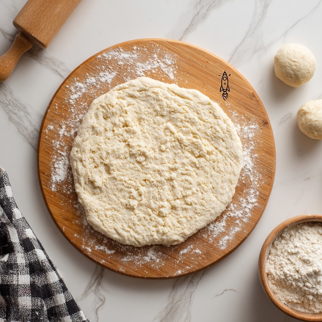 A close-up image of a smooth, round dough ball resting on a light wooden board sprinkled with white flour grains. The dough is pale cream in color with a slightly glossy and soft texture, showing tiny air bubbles on the surface. The background has a white marbled texture that softly contrasts with the wooden board, enhancing the simple and clean look of the scene. Photo taken with an iphone --ar 4:5 --v 7