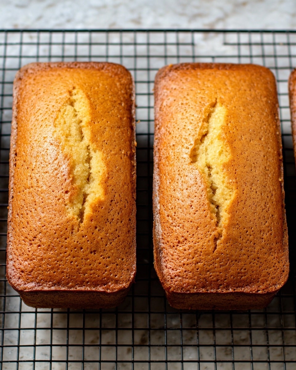 The image shows two golden-brown mini loaves of cake cooling on a black wire rack. Each cake is rectangular with slightly raised, cracked tops that reveal a soft, moist texture inside. The edges of the cakes are darker and look crispier, creating a thin crust that contrasts with the lighter, fluffy center. The black wire rack sits on a white marbled texture surface, providing a clean and bright background. The cakes are closely placed side by side with some visible crumbs on the rack. photo taken with an iphone --ar 4:5 --v 7