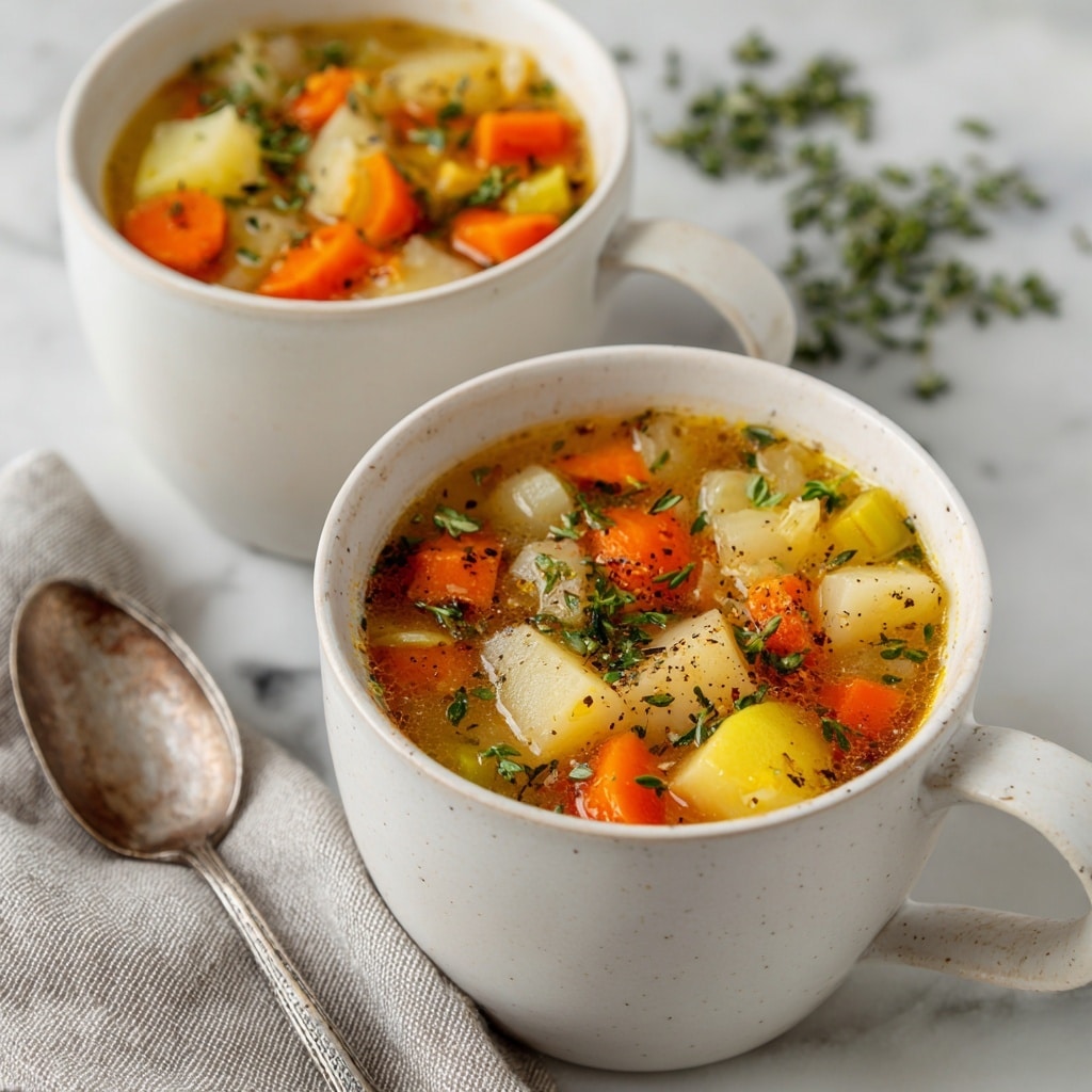 The image shows two white mugs filled with thick vegetable soup, placed on a white marbled surface with some fresh green herbs scattered around. The soup has three clear layers: the base is light orange-yellow broth, the middle layer has chunky pieces of orange carrots, off-white potatoes, and pale yellow squash, mixed with small bits of green herbs and black pepper, and the top layer has fresh green herb sprigs sprinkled over the vegetables. One mug is in the foreground with a rustic silver spoon resting on a light gray cloth napkin nearby, and the second mug is partially visible in the background. photo taken with an iphone --ar 4:5 --v 7