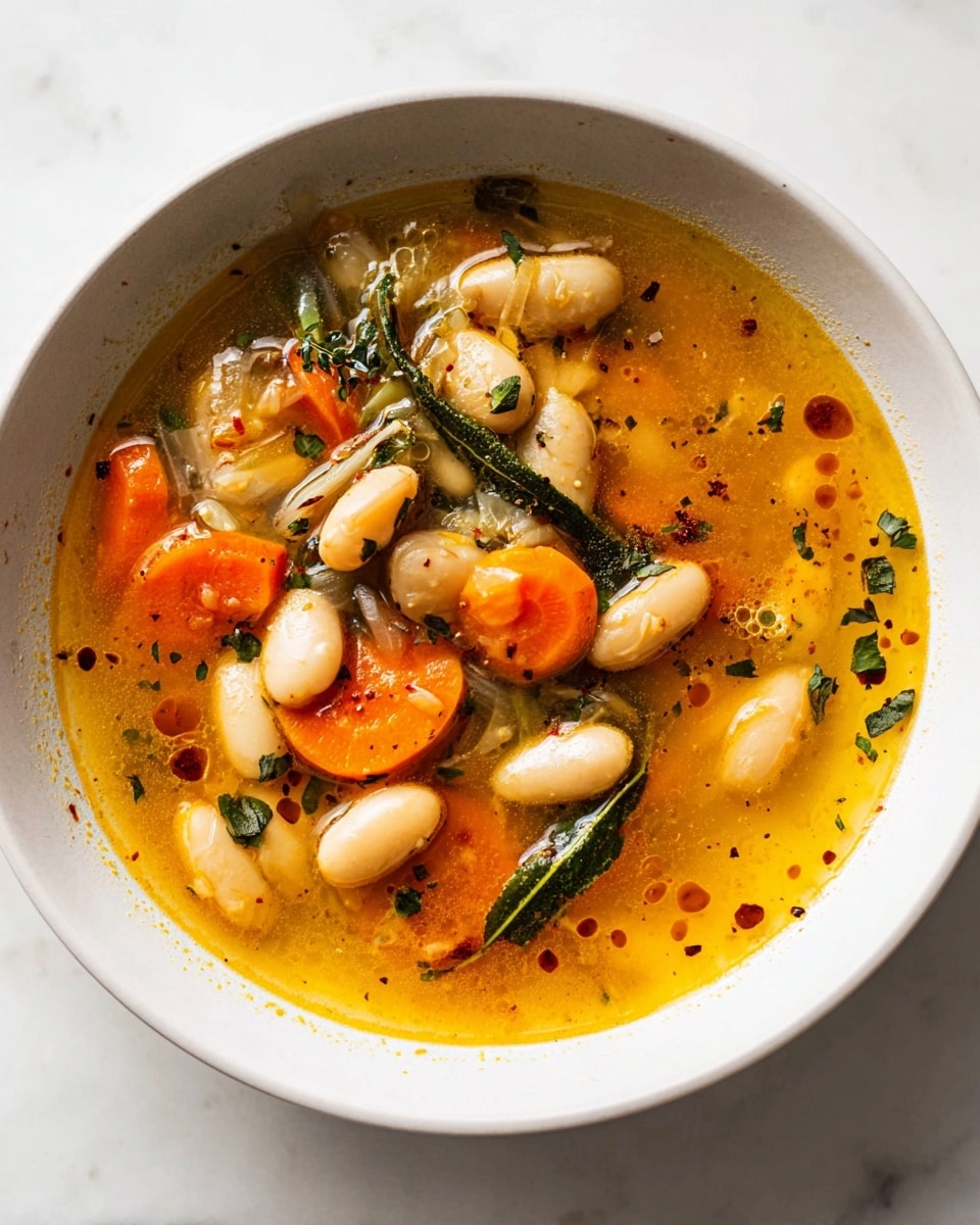 A white bowl filled with a soup showing several layers: at the bottom, there is a thick, golden-orange broth with small oil droplets floating on the surface; on top of the broth, there are large, soft-looking white beans, bright orange carrot slices, translucent cooked onion pieces, and sprigs of green herbs scattered throughout; the ingredients give a chunky texture with varied colors of white, orange, green, and light brown, all sitting in the warm liquid. The bowl rests on a white marbled surface, and the overall image is bright with natural light. photo taken with an iphone --ar 4:5 --v 7