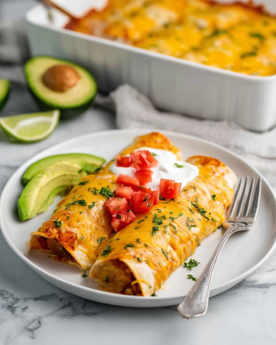 Two rolled enchiladas sit side by side on a white plate, covered with melted yellow cheese and sprinkled with green herbs. On top of the enchiladas are small, bright red tomato chunks and a dollop of white sour cream. To the left of the enchiladas are thin slices of green avocado and a lime wedge. A silver fork rests at the edge of the plate. In the background, a white baking dish filled with more cheesy enchiladas appears slightly out of focus, along with loosely placed green avocado halves. The scene is set on a white marbled surface. photo taken with an iphone --ar 4:5 --v 7