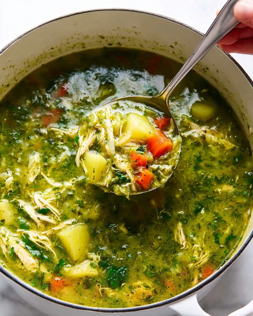A top view of a white pot filled with green soup that has a thick texture; inside the soup, there are visible chunks of light yellow potatoes, small orange carrot pieces, and shredded white chicken spread evenly. On top of the soup, chopped fresh green herbs and sliced green onions are layered, adding more bright green color and leafy texture. The pot is placed on a white marbled surface. photo taken with an iphone --ar 4:5 --v 7