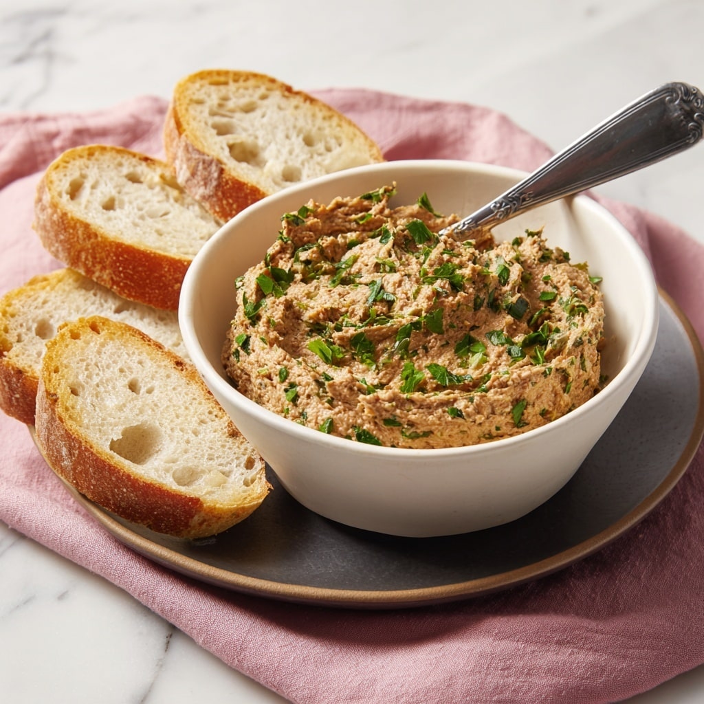 A round white bowl filled with a thick, coarse-textured brown spread topped with small pieces of bright green chopped herbs. The bowl is placed on a dark plate holding four slices of light golden crusty bread with a soft, airy inside. A spoon with a silver scoop and a black handle rests in the bowl, partially dipped in the spread. The setup is staged on a white marbled surface with a soft pink cloth partially visible underneath the plate. photo taken with an iphone --ar 4:5 --v 7