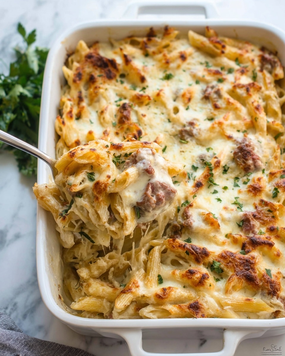 A white baking dish filled with baked pasta layers, where the base layer is cooked penne pasta mixed with creamy white sauce and pieces of browned meat. Above it, there is a thick melted cheese layer with light golden brown spots and some fresh green herb bits sprinkled on top. The dish is being served with a spoon lifting a portion, showing the creamy texture and braised edges of the pasta under the cheese. The dish sits on a white marbled textured surface with some green herb leaves slightly visible on the top left. photo taken with an iphone --ar 4:5 --v 7