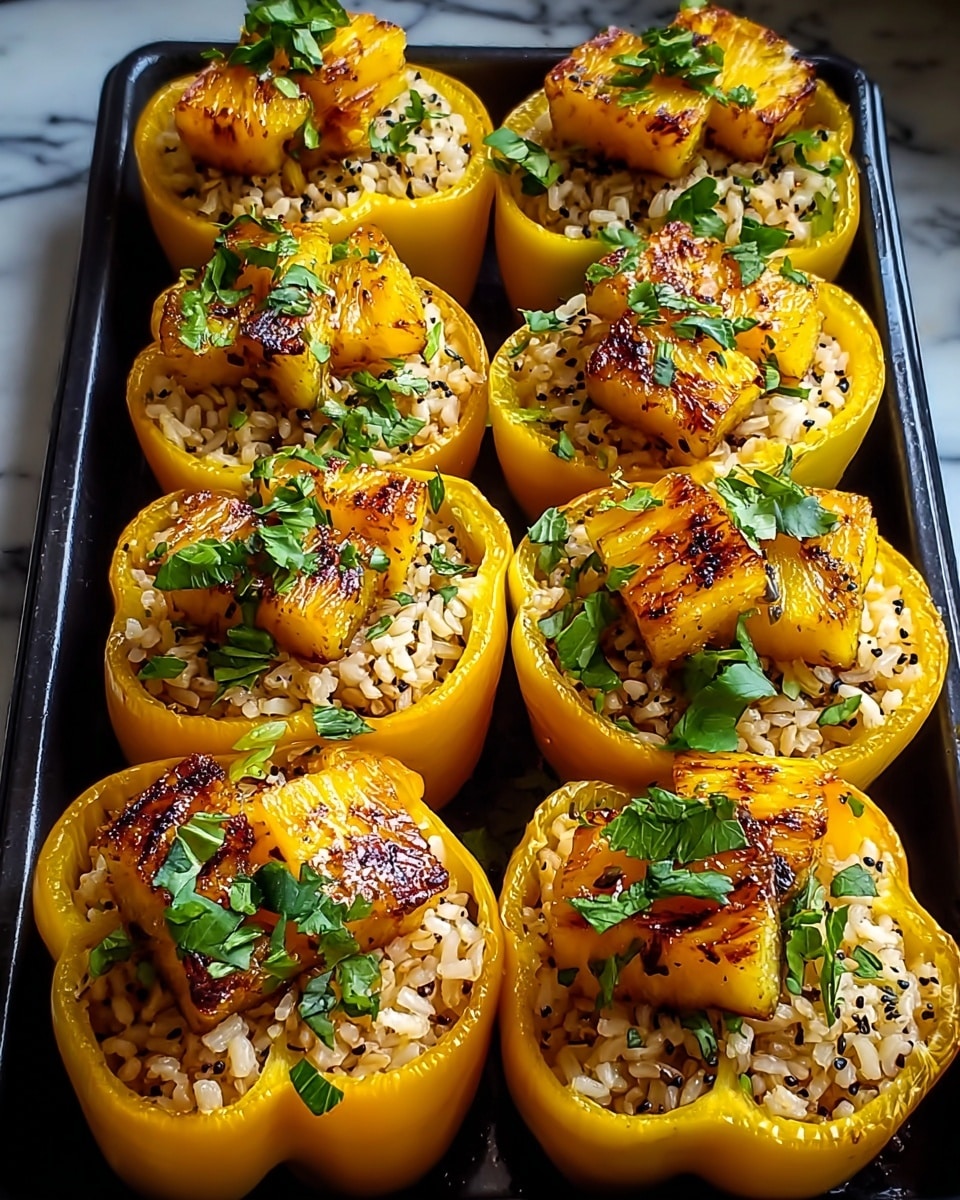 The dish shows six bright yellow bell peppers, each cut in half vertically and hollowed out, arranged closely in a black tray. Inside each pepper half is a bottom layer of cooked rice that looks fluffy with grains lightly mixed, topped with pieces of golden-brown grilled chicken that have a shiny, slightly charred texture. On top of the chicken are small, juicy pineapple chunks with caramelized edges, adding a yellow-glazed glossy look. The whole stuffed pepper halves are garnished with small, bright green chopped scallions scattered evenly. The setting is on a white marbled surface with soft kitchen background lighting, highlighting the warm colors of the dish. photo taken with an iphone --ar 4:5 --v 7