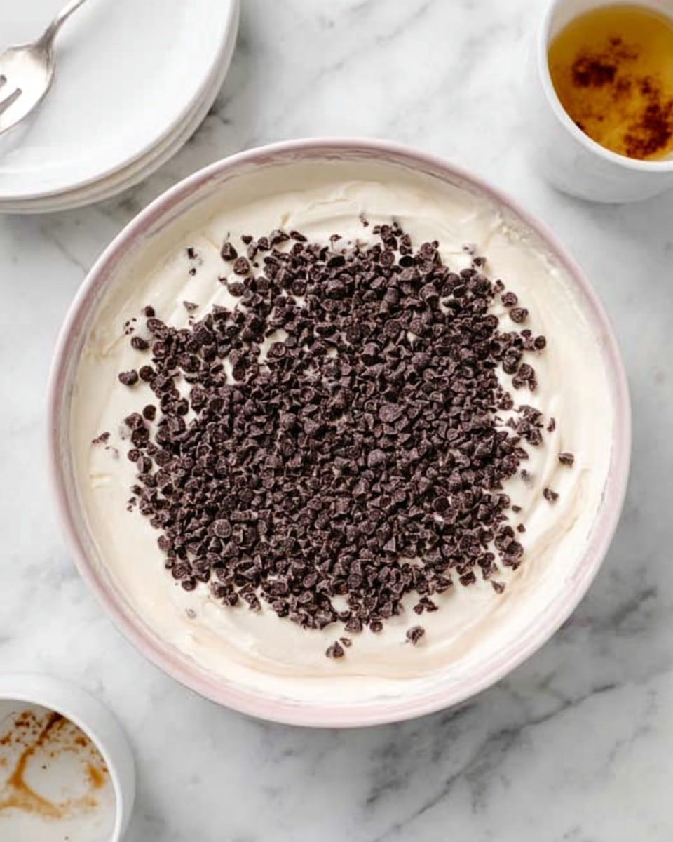 The image shows a white bowl filled with a smooth, thick cream base that occupies the entire bowl. On top of the cream, there is a large, even layer of small, dark chocolate chips, creating a rough texture with their irregular shapes. The bowl is placed on a white marbled surface, with part of a white cup with brown coffee residue and a round white plate with some white liquid visible at the edges. The photo was taken with an iphone --ar 4:5 --v 7