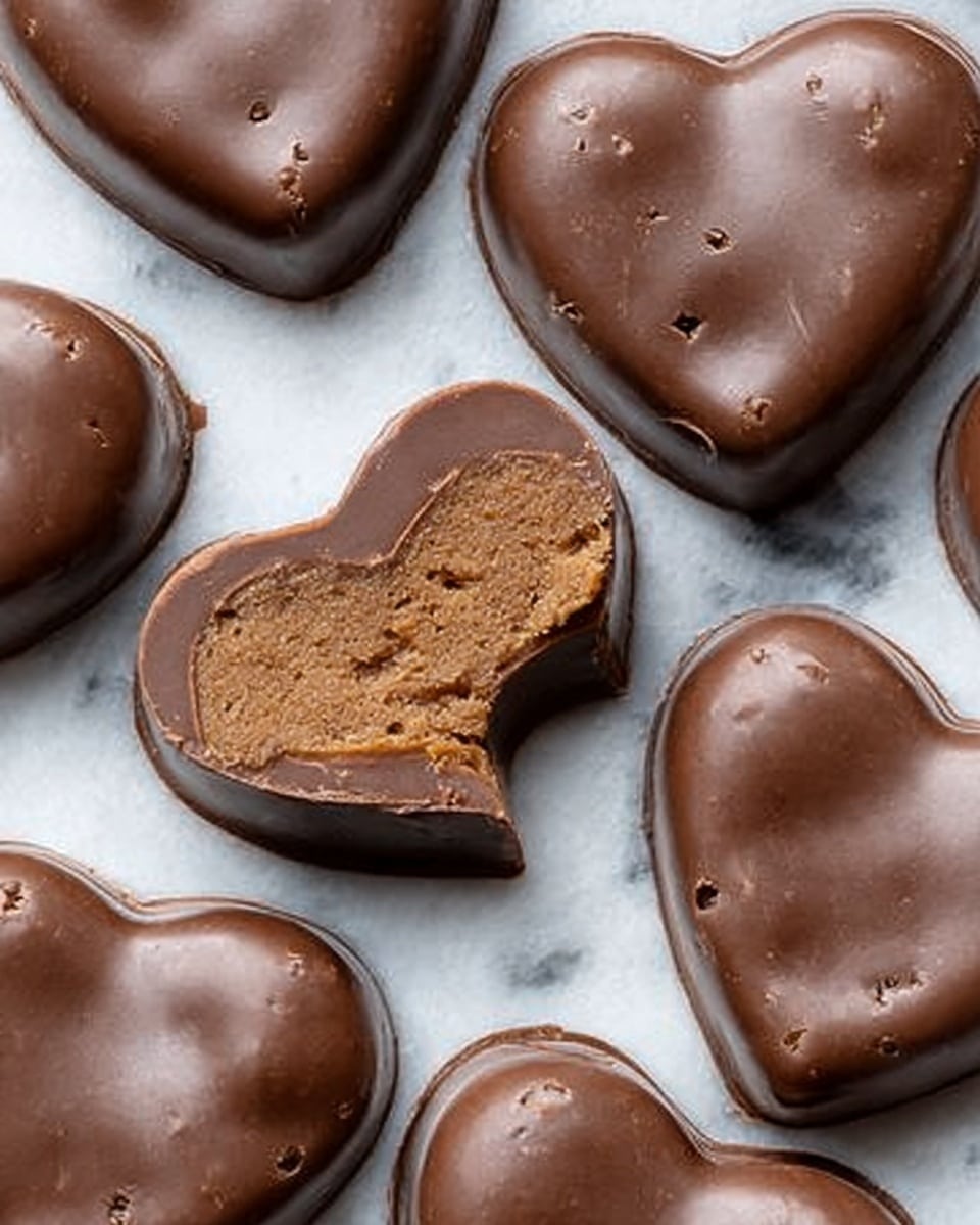 The image shows heart-shaped chocolates with a smooth, glossy milk chocolate exterior. One large chocolate stands upright in the center, showcasing its shiny surface and rich brown color. Around it are several chocolates lying flat, some cut open to reveal a thick, golden peanut butter filling inside. The chocolates sit on a white marbled surface scattered with small white and pink heart-shaped candies. A white bowl filled with round, light brown nuts is slightly visible in the background. Photo taken with an iphone --ar 4:5 --v 7
