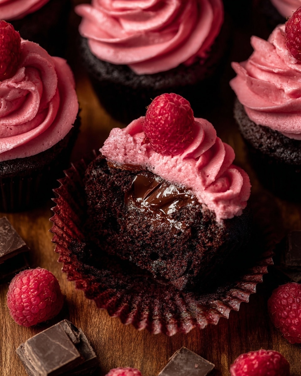 A group of rich, dark chocolate cupcakes sit on a wooden surface, each with one layer of moist chocolate cake topped by a thick swirl of bright pink raspberry frosting that has a smooth, creamy texture. One cupcake is open to show an inner layer of glossy, dark chocolate ganache and a dollop of pink frosting inside, with a fresh raspberry placed on top of the frosting inside the wrapper. Several fresh raspberries and small pieces of dark chocolate are scattered around the cupcakes. The contrast between the dark cake, the bright pink frosting, and the red raspberries is clear and vibrant. Photo taken with an iphone --ar 4:5 --v 7