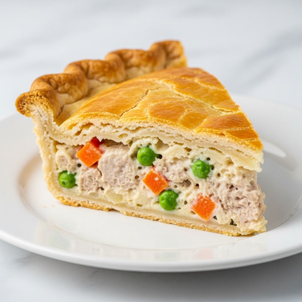 A single slice of pie with a golden-brown, crispy crust on top and bottom sits on a white plate over a white marbled surface. The pie has two visible layers: the thick outer crust, and inside, a creamy filling with small pieces of bright orange carrots, green peas, and light beige chunks of meat evenly mixed. The crust looks flaky and slightly cracked on top, with the filling packed tightly inside. Photo taken with an iphone --ar 4:5 --v 7