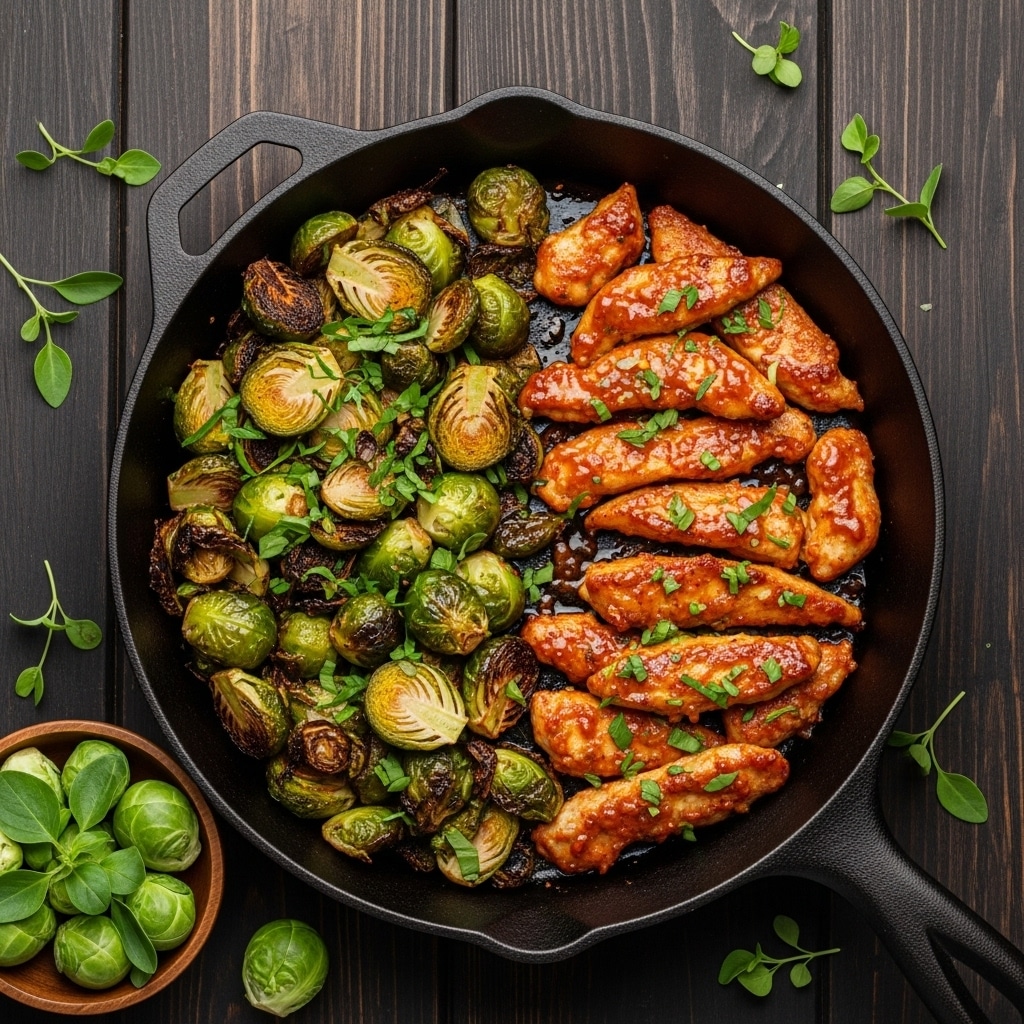 The image shows a black cast iron pan filled with two main layers: on the left, a layer of roasted Brussels sprouts that are green with some charred, dark brown spots, garnished with green herbs, and on the right, a layer of cooked chicken strips that are golden brown with visible herbs and spices, giving a textured look. The pan sits on a dark wooden surface with sprigs of fresh green thyme nearby, and a small wooden bowl of fresh green Brussels sprouts is partially visible at the bottom left. The photo is set on a white marbled texture. photo taken with an iphone --ar 4:5 --v 7