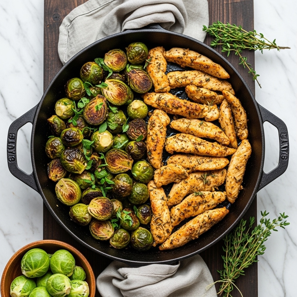 A black cast iron skillet filled with two main parts: on the left, there are green roasted Brussels sprouts with browned edges, mixed with chopped green herbs scattered on top; on the right, there are several pieces of browned cooked chicken strips, coated with a reddish sauce and sprinkled with fresh chopped green herbs. The skillet rests on a dark wooden surface with small green herb sprigs scattered around and a small wooden bowl with fresh green Brussels sprouts and herb sprigs placed near the bottom left corner. photo taken with an iphone --ar 4:5 --v 7