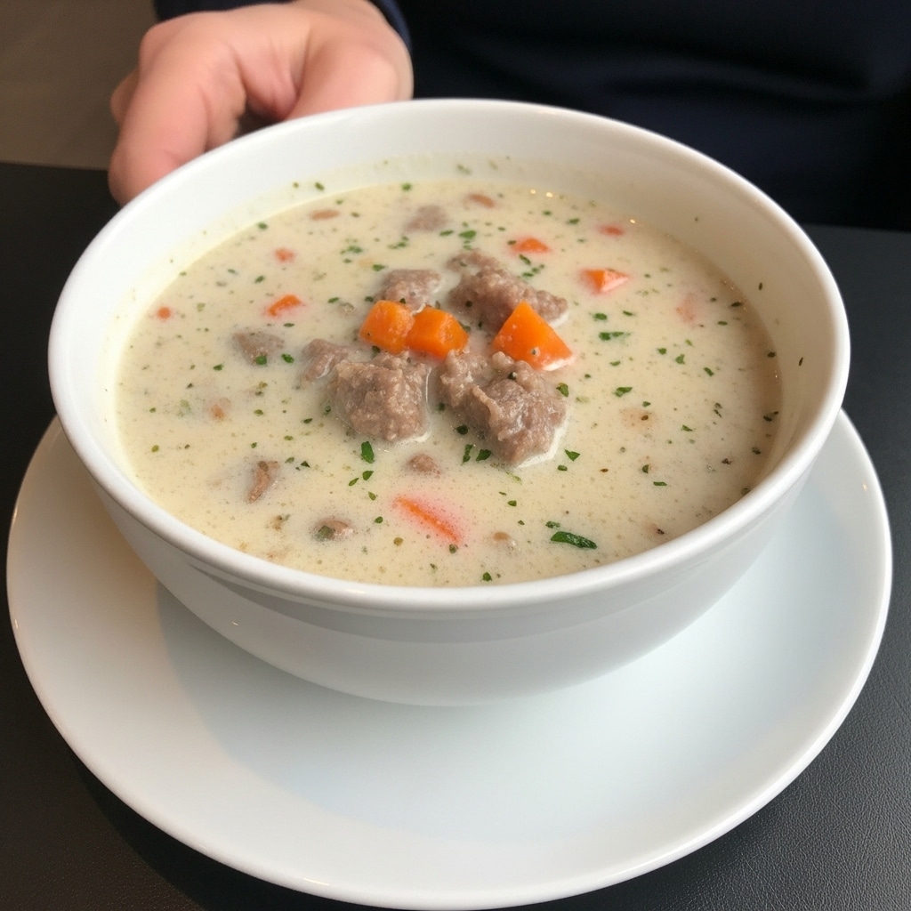 A white bowl filled with creamy soup. The soup has a light beige color with visible small chunks of brown meat and some orange pieces, likely carrots, floating in it. The soup looks thick and smooth with a few specks of green herbs. The bowl is placed on a matching white saucer, resting on a dark surface. A woman's hand is partly visible above the bowl. Photo taken with an iphone --ar 4:5 --v 7