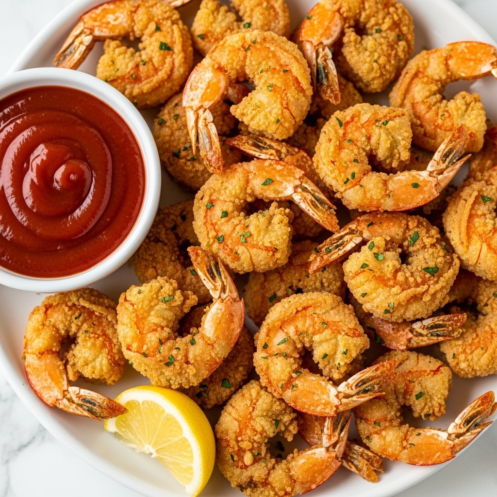 A white plate filled with one layer of golden brown fried shrimp, each piece showing a crispy texture with small green herb bits sprinkled on top. The shrimp are arranged in a slightly loose pile covering most of the plate. Around the edges of the plate, there are bright yellow lemon wedges. On the left side of the plate, sits a small white bowl of chunky red dipping sauce. The plate rests on a white marbled surface with a soft white cloth partially visible in the upper right corner. Photo taken with an iphone --ar 4:5 --v 7