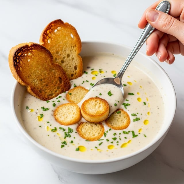 A white bowl filled with creamy soup resting on a white marbled surface. The soup is thick and white with small green herbs sprinkled throughout. On top, there are several toasted golden-brown slices of small round bread. A silver spoon is dipped into the soup, held by a woman's hand. Two slices of toasted bread lean on the edge of the bowl, showing a crispy brown texture. photo taken with an iphone --ar 4:5 --v 7