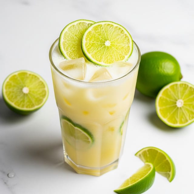 A tall clear glass filled with a pale yellow creamy drink layered with ice cubes inside. On top, there are two bright green lime slices resting on the ice, adding a fresh pop of color. Around the glass, there are some halved and sliced limes placed on a white marbled surface, enhancing the fresh and citrusy feel of the image. Photo taken with an iphone --ar 4:5 --v 7