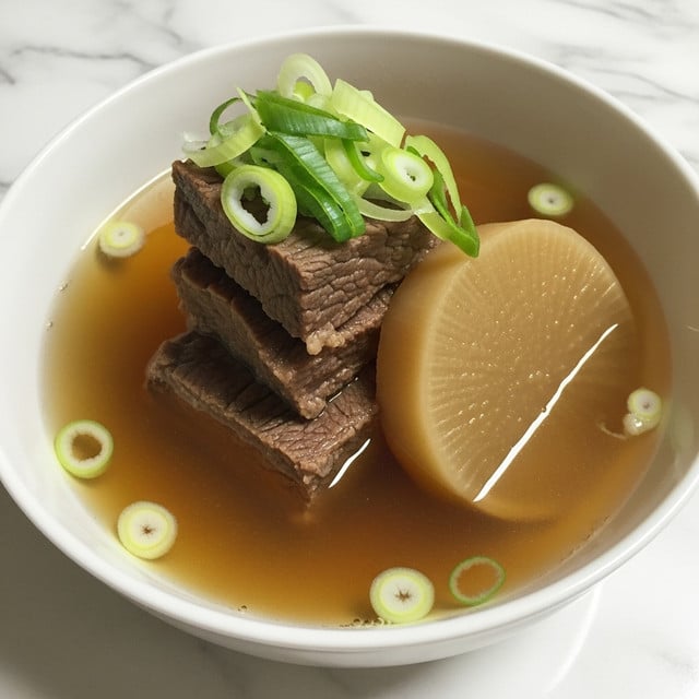 A white bowl filled with a clear brown broth, containing three chunks of cooked brown beef stacked roughly in the center. Next to the beef is a large, light tan slice of radish partially submerged in the broth. Bright green slices of scallion rest on top of the beef and float around it, adding a fresh color contrast. The bowl sits on a white marbled surface. photo taken with an iphone --ar 4:5 --v 7