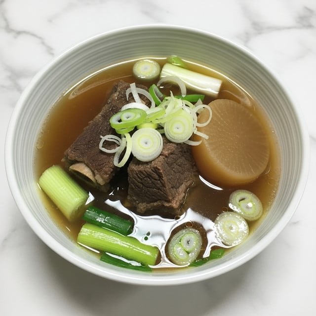 A white bowl with light green lines around the edge holds a clear brown broth with visible oil drops on the surface. Inside the bowl, there are two large dark brown pieces of beef with a rough texture sitting in the center. To the right of the beef, there is a thick, light brown slice of radish that looks soft. On top of the beef and around the soup, there are several pieces of sliced green onion, showing their light and dark green colors and smooth texture. The bowl is placed on a white marbled surface. photo taken with an iphone --ar 4:5 --v 7
