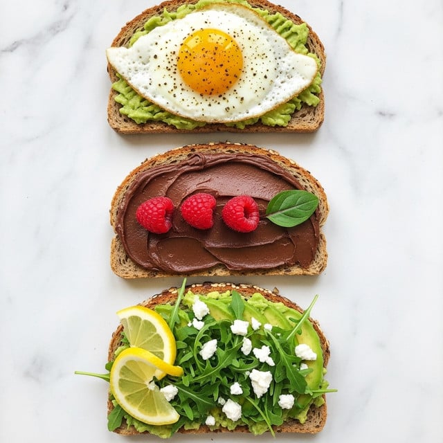 Three slices of multigrain toast are laid out vertically on a white marbled surface. The top toast has a smooth layer of mashed avocado spread evenly, topped with a fried egg with a slightly runny yolk seasoned with black pepper. The middle toast is covered with a thick, creamy chocolate-colored spread, garnished with three bright red raspberries and a small green leaf on the right side. The bottom toast is layered with mashed avocado, fresh green arugula leaves scattered across, small white crumbles of cheese, and two lemon wedges positioned on the left side. photo taken with an iphone --ar 4:5 --v 7
