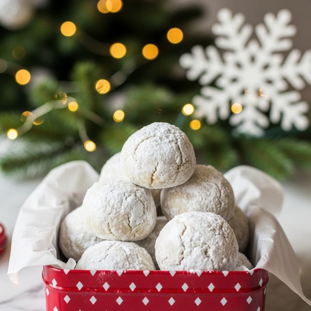 The image shows a pile of round snowball cookies dusted with white powdered sugar. There are about nine cookies stacked in a red square tin with small white diamond shapes on the outside, and powdered sugar is lightly scattered around the tin’s edges. The cookies look soft and crumbly with a slightly rough texture under the sugary coating. In the background, there is a blurred Christmas tree with green pine branches, yellow-orange fairy lights, and a large white wooden snowflake decoration. The setting uses a white marbled texture as the surface. photo taken with an iphone --ar 4:5 --v 7