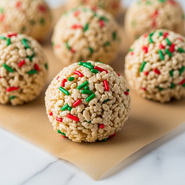 The image shows several round rice crispy treats shaped into balls, each ball made from light golden crispy rice cereal mixed with small red and green sprinkles, giving a festive look. The texture appears chewy and sticky, holding the ball shape firmly. These balls are placed on a sheet of brown parchment paper on a white marbled surface, with the focus on one ball in the front center while others softly blur in the background. The lighting is soft, highlighting the glossy texture of the treats and the vibrant sprinkles. photo taken with an iphone --ar 4:5 --v 7