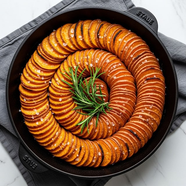 A black cast iron pan holds thinly sliced rounds of roasted sweet potatoes, arranged in two concentric circles, with the inner circle smaller and tightly packed, and the outer circle larger with evenly overlapping slices. The sweet potato slices have a rich golden-orange color with some charred darker edges, giving a caramelized look. Coarse sea salt is scattered lightly on top, adding texture and sparkle. Fresh sprigs of green rosemary lie in the center of the pan, adding a fresh touch. The pan sits on a gray cloth over a white marbled surface. Photo taken with an iphone --ar 4:5 --v 7