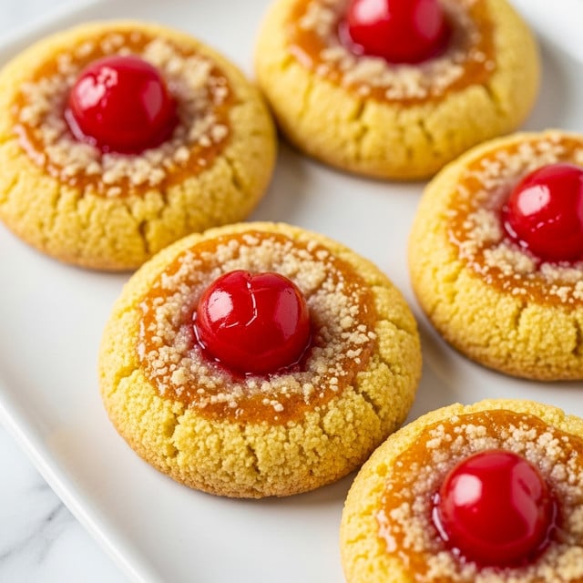 A close-up view of four round cookies on a white plate, each cookie has a golden yellow base with a crumbly texture, topped with a glossy, bright red cherry in the center. The cookies show a slightly shiny, sticky surface around the cherry, with a rough edge where crumbs are visible. The background features a white marbled surface, giving a clean and fresh look. photo taken with an iphone --ar 4:5 --v 7