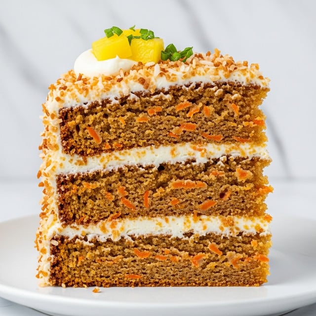 A close-up of a three-layer carrot cake slice with light cream cheese frosting between each moist, golden-brown layer filled with visible shredded carrot pieces. The sides of the cake are coated with toasted coconut flakes giving a rough texture, and the top is decorated with small yellow pineapple chunks and bits of green garnish on a white plate with a marbled white background. Photo taken with an iphone --ar 4:5 --v 7