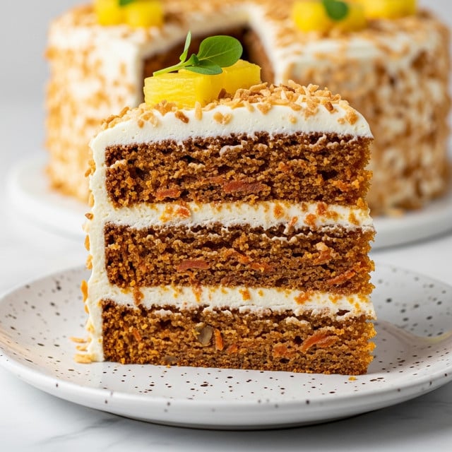 A close-up view of a three-layer carrot cake slice on a white plate with a speckled design, placed on a white marbled surface. The cake layers are moist and dense with visible bits of carrot and nuts, featuring a rich orange and brown color. Between each cake layer there is a thick, smooth, white cream cheese frosting layer. The outside of the cake is coated evenly with the same white frosting and topped with toasted coconut flakes giving a crunchy texture. On top of the cake slice, there are small pieces of yellow pineapple and a few green herb leaves for garnish. The photo is taken with an iphone --ar 4:5 --v 7