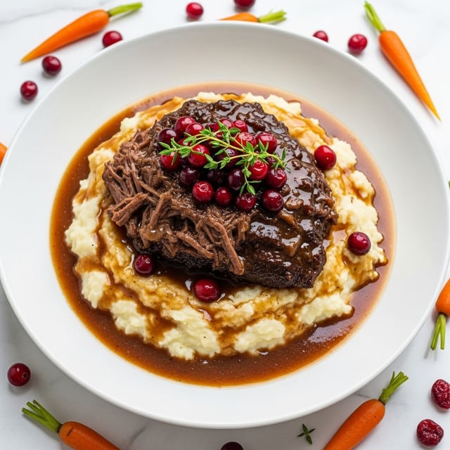 A wide white bowl holds a dish with three main layers: the bottom layer is creamy mashed potatoes with a soft, slightly lumpy texture and light yellow color, partially covered by a rich brown gravy. On top of this is a thick, large piece of dark brown shredded beef with a glossy sauce coating it. The top layer features a fresh garnish of bright red cranberries and a few sprigs of green thyme, adding a pop of color and freshness. Scattered around the edges are small, cooked carrots and more cranberries, all set against a white marbled surface. photo taken with an iphone --ar 4:5 --v 7