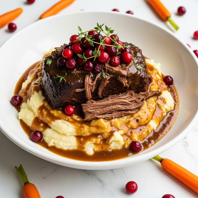 A white plate holds a layered dish beginning with a base of creamy, pale mashed potatoes. On top, there are several whole, bright orange cooked carrots scattered around. Above the carrots and potatoes lies a large piece of dark brown, tender beef roast, covered with a shiny, rich brown sauce. The beef is topped with a generous amount of glossy red cranberries and a small sprig of fresh green thyme, adding a touch of color and freshness. The dish sits on a white marbled surface. photo taken with an iphone --ar 4:5 --v 7