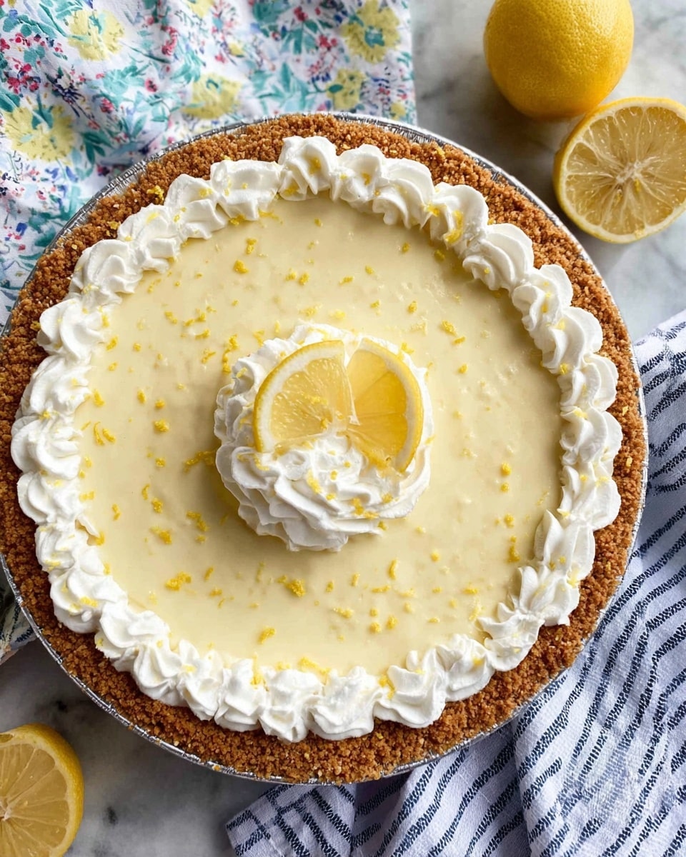 A three-layer lemon pie with a crumbly brown crust forming the base and sides, holding a smooth, pale yellow lemon filling that covers the entire top. Around the edge, there is a ring of white whipped cream with soft waves, and in the center, two thin lemon slices lie flat, topped with a small swirl of white whipped cream. The lemon filling is also sprinkled with tiny yellow zest bits scattered lightly over the surface. The pie sits on a white marbled surface with part of a striped blue and white cloth and a floral-patterned cloth nearby, with two lemon halves visible in the background. Photo taken with an iphone --ar 4:5 --v 7